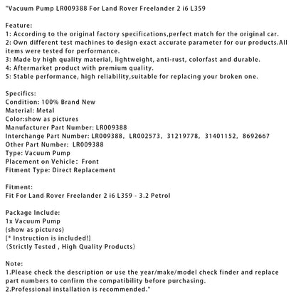 Pompa del vuoto Land Rover Freelander 2 i6 L359 LR009388 LR00257 331219778 Generico
