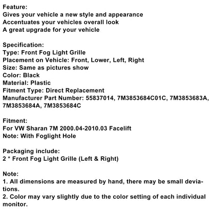 Griglia fendinebbia paraurti anteriore VW Sharan 7M 2000-2010 con foro fendinebbia