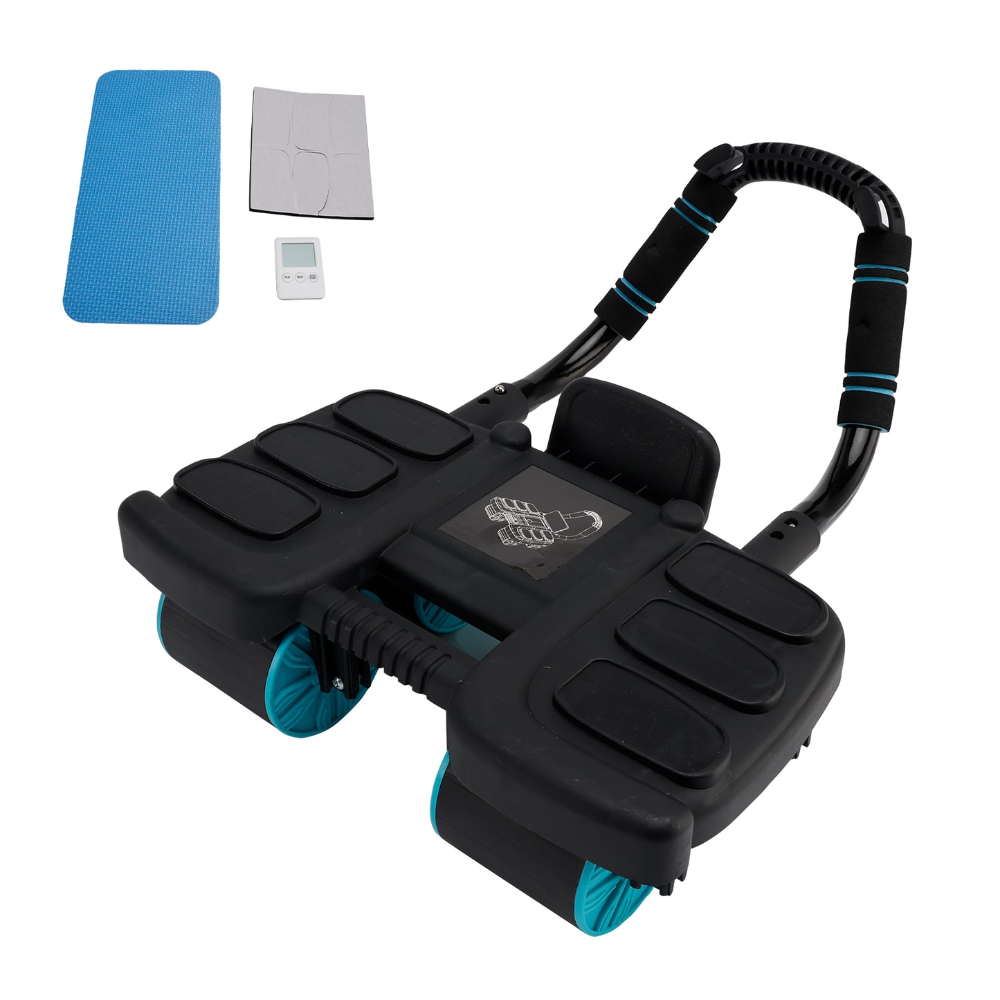 Attrezzatura portatile per palestra domestica Ruota addominale nera con rimbalzo automatico con supporto per gomito e stabilità su 4 ruote - Include timer Perfect Core Trainer per uomini e donne