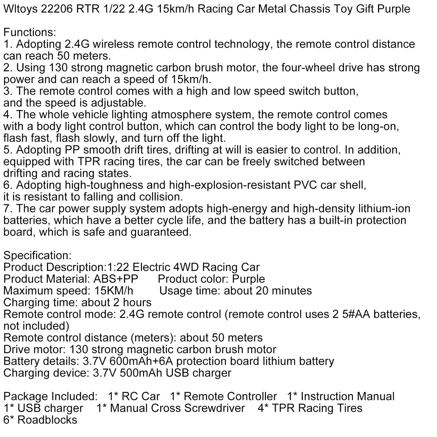 Wltoys 22206 RTR 1/22 2.4G 15km/h Auto da corsa con telaio in metallo Giocattolo regalo Viola