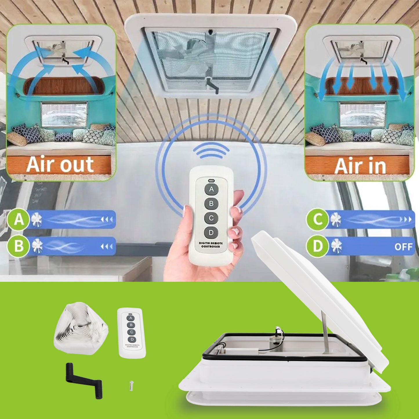 14" Caravan Skylight Roof Vent Remote Control Camper Motorhome RV Aspiratore