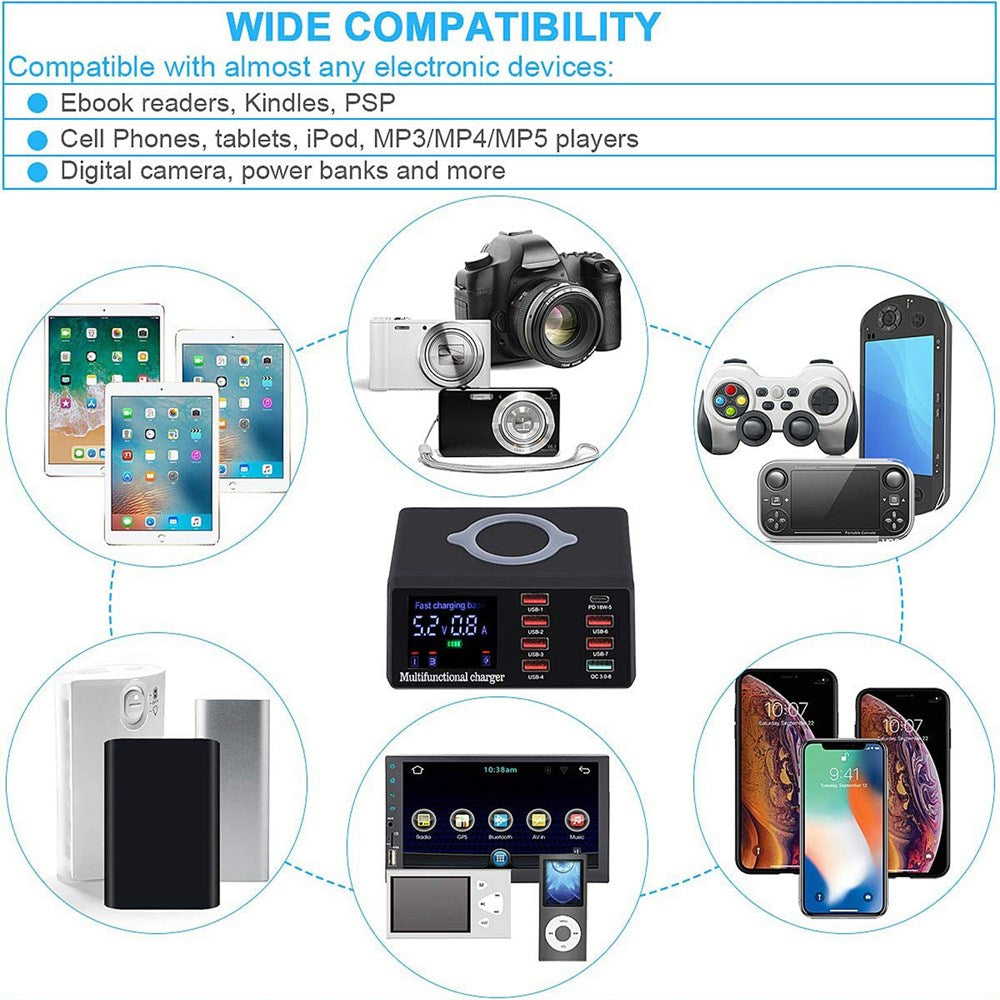 100W 8 Port USB QC3.0 PD Caricatore veloce Wireless Charging Station EU Plug