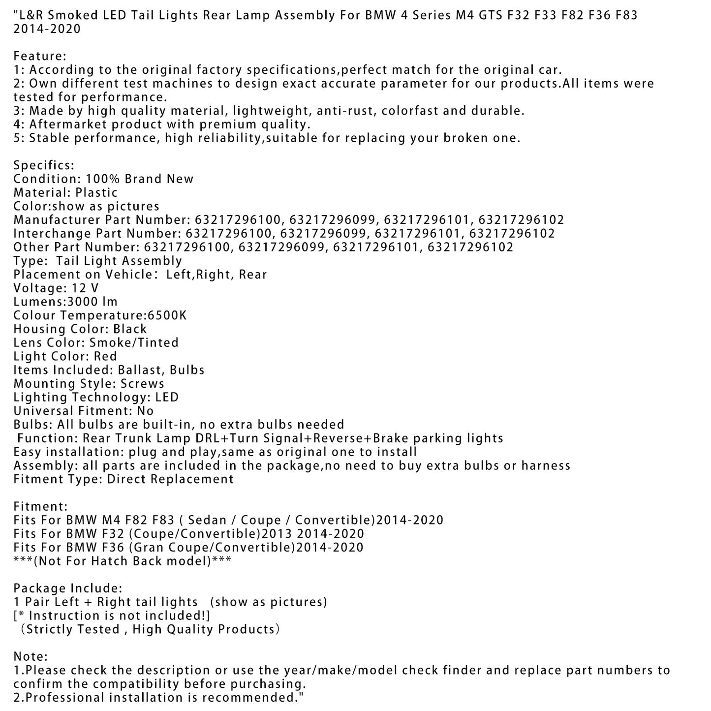 Gruppo ottico posteriore a LED fumé L&amp;R per BMW 4 M4 GTS F32 F33 F82