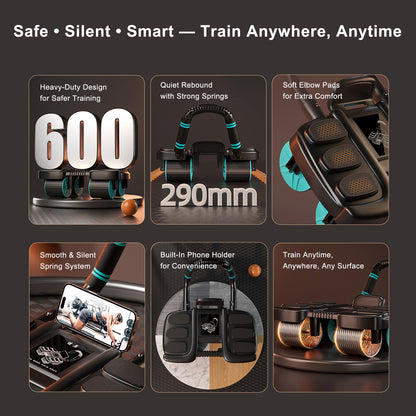 Attrezzatura portatile per palestra domestica Blue Perfect Core Trainer per uomo e donna Ruota per addominali con rimbalzo automatico con supporto per il gomito e stabilità a 4 ruote - Include timer