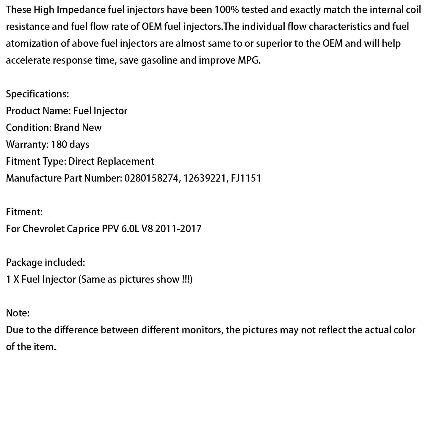 Iniettore di carburante 12639221 per Chevrolet Caprice PPV 6.0L V8 2011-2017