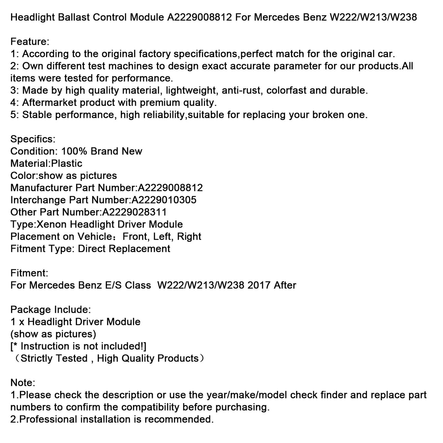 Modulo di controllo della zavorra dei fari Mercedes Benz W222/W213/W238 del 2017 A2229008812