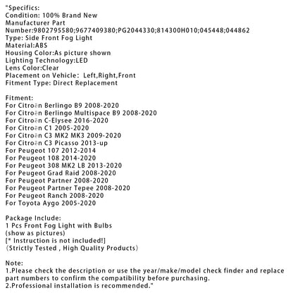 1 luce fendinebbia diurna a LED per Citroen C3 Berlingo Peugeot 9802795580