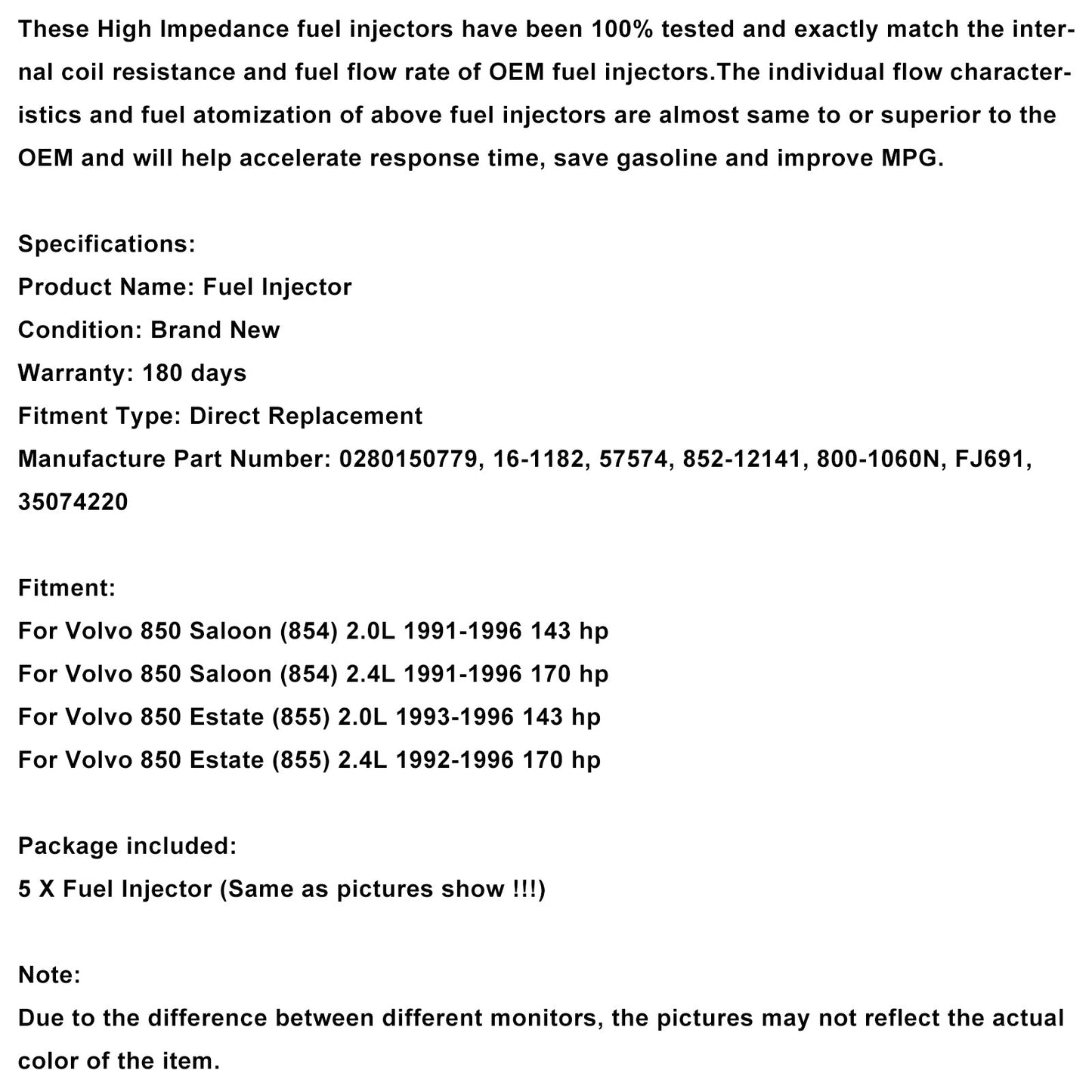 5 pezzi Iniettore carburante 0280150779 Adatto per Volvo 850 2.4L 2.0L I5 1991-1997 852-12141