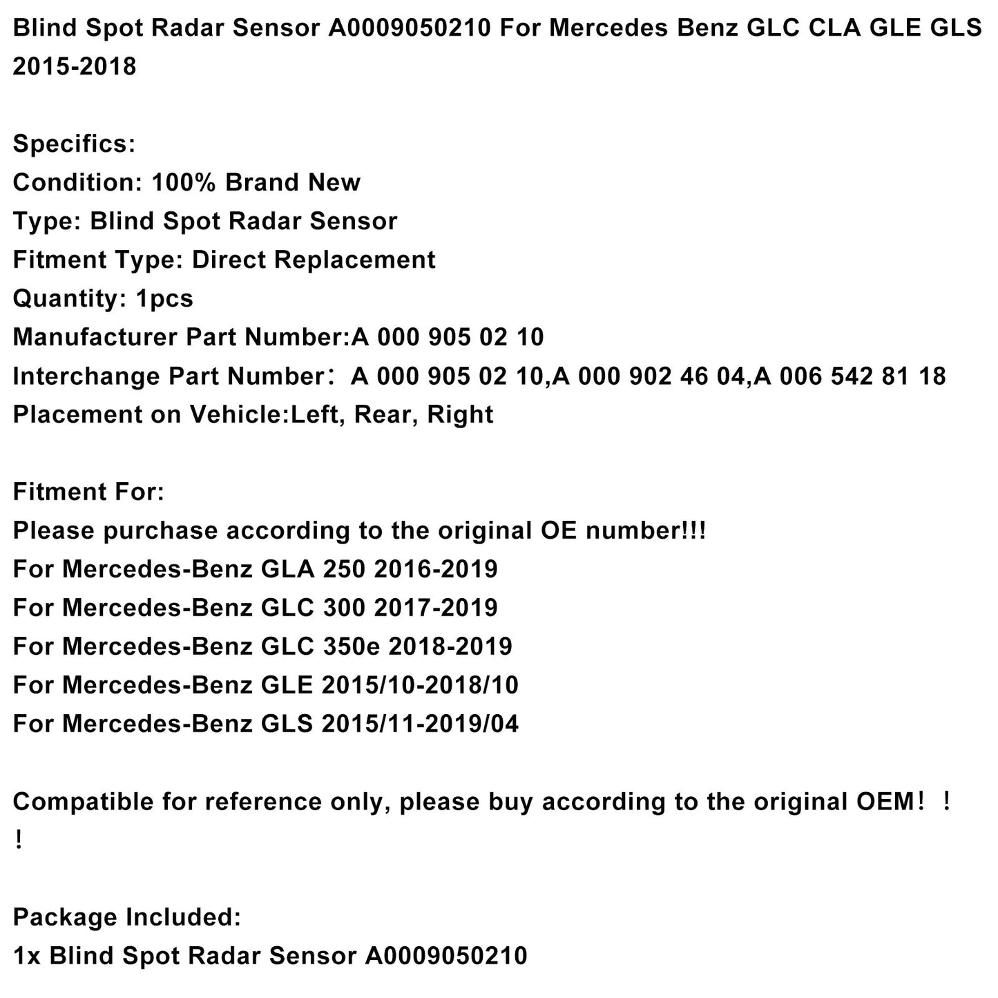 Sensore radar per angolo cieco Mercedes-Benz GLC 350e 2018-2019 A0009050210
