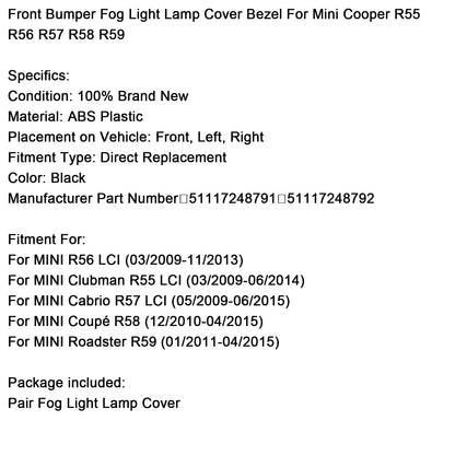 Cornice coprifaro fendinebbia paraurti anteriore per Mini Cooper R55 R56 R57 R58 R59