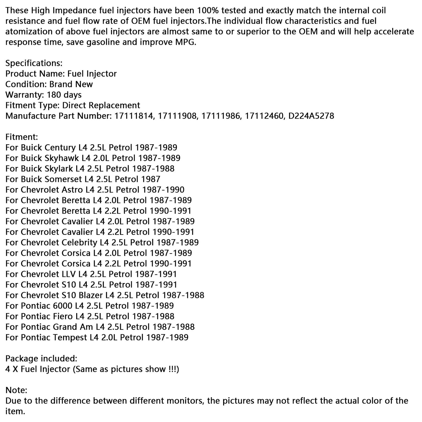 Iniettore di carburante 4 pezzi 17111814 adatto per Chevy Cavalier Corsica adatto per Buick Century