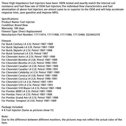 Iniettore di carburante 4 pezzi 17111814 adatto per Chevy Cavalier Corsica adatto per Buick Century
