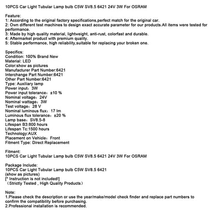 10 lampadine tubolari per auto C5W SV8.5 6421 24V 3W per OSRAM