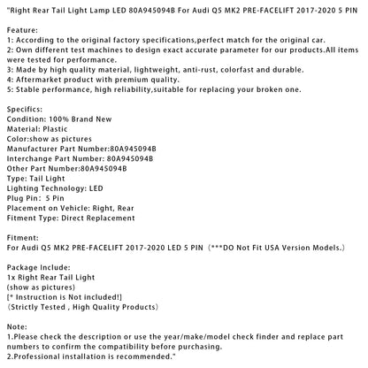 Fanale posteriore destro Audi Q5 MK2 PRE-FACELIFT 2017-2020, LED, 5 PIN, 80A945094B