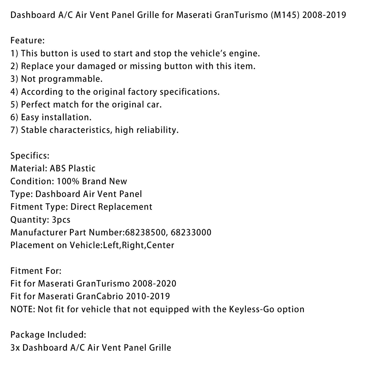 Griglia del pannello di presa d'aria A/C del cruscotto per Maserati GranTurismo (M145) 2008-2019
