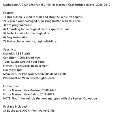 Griglia del pannello di presa d'aria A/C del cruscotto per Maserati GranTurismo (M145) 2008-2019