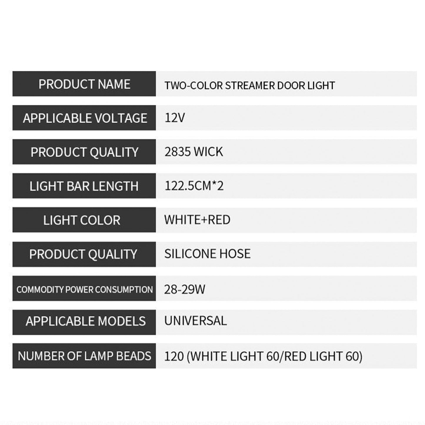 Strisce luminose decorative per portiere auto, lampeggianti, luce rossa e bianca, 1,2 m