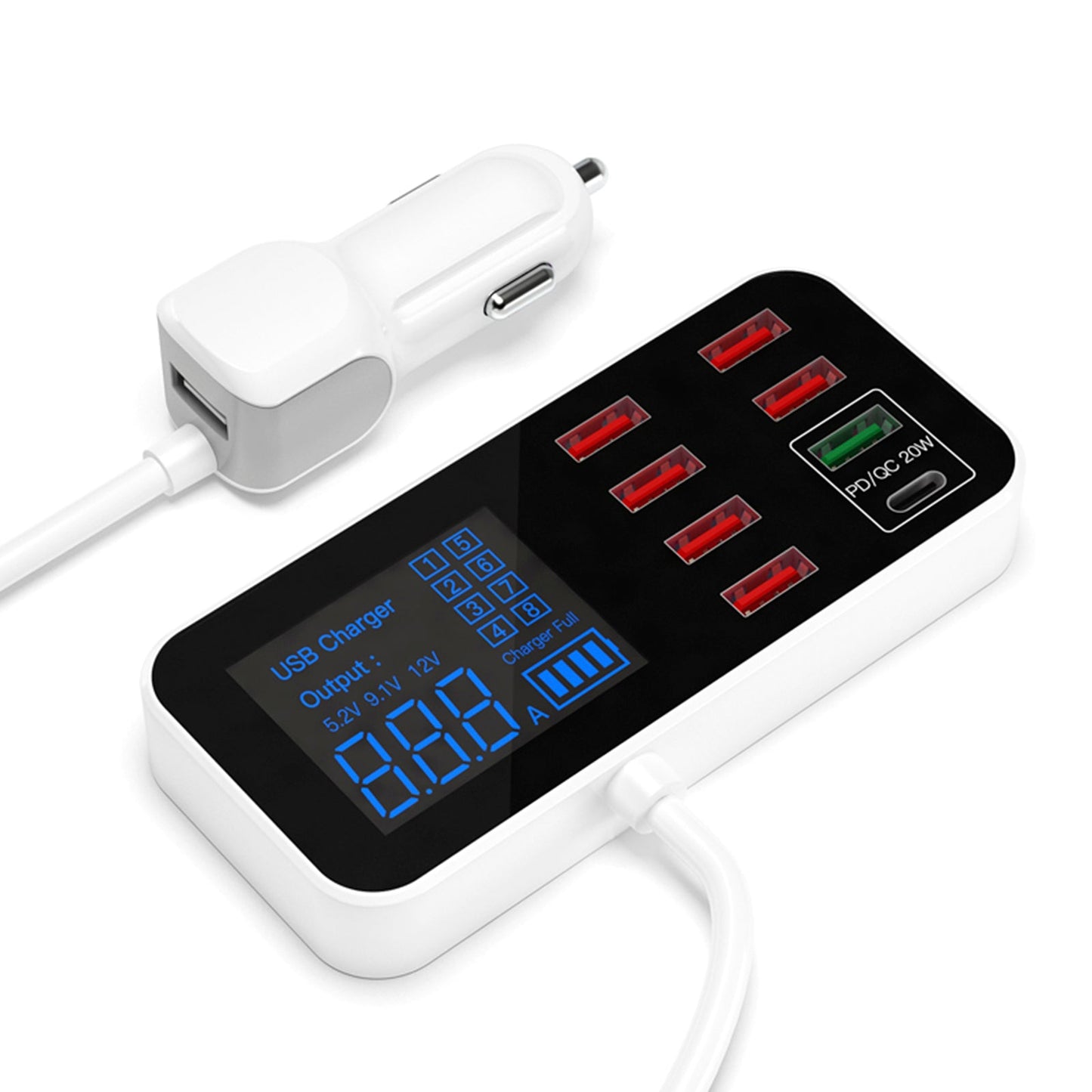 Caricabatterie USB PD5V1A QC3.0 con display, piccolo caricabatteria per auto a 8 porte, accendisigari