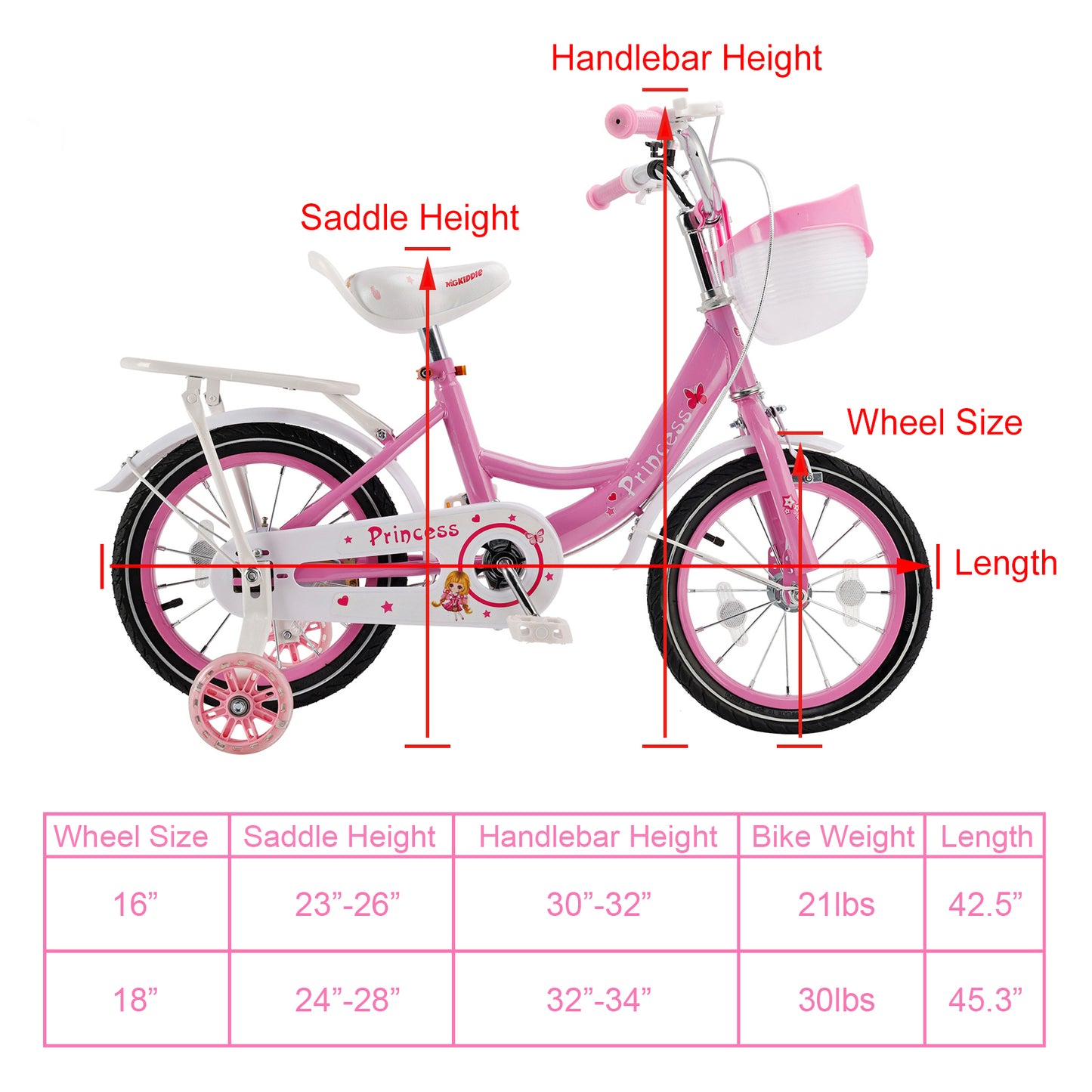 Bicicletta da principessa per bambini da 18" per ragazze, con ruote da allenamento rimovibili, rosa/viola