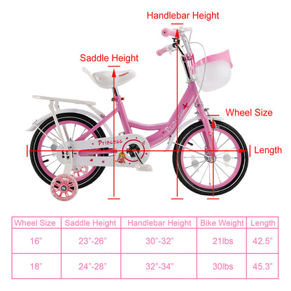 Bicicletta da principessa per bambini da 18" per ragazze, con ruote da allenamento rimovibili, rosa/viola