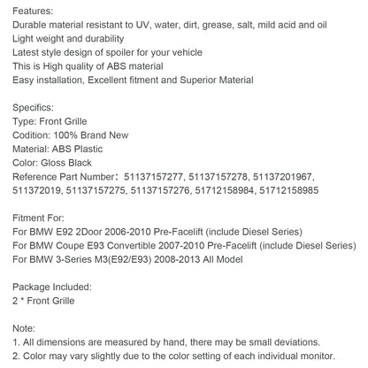 Griglia anteriore a rene nero lucido adatta per BMW E92 E93 328i 335i 2006-2010 2DR