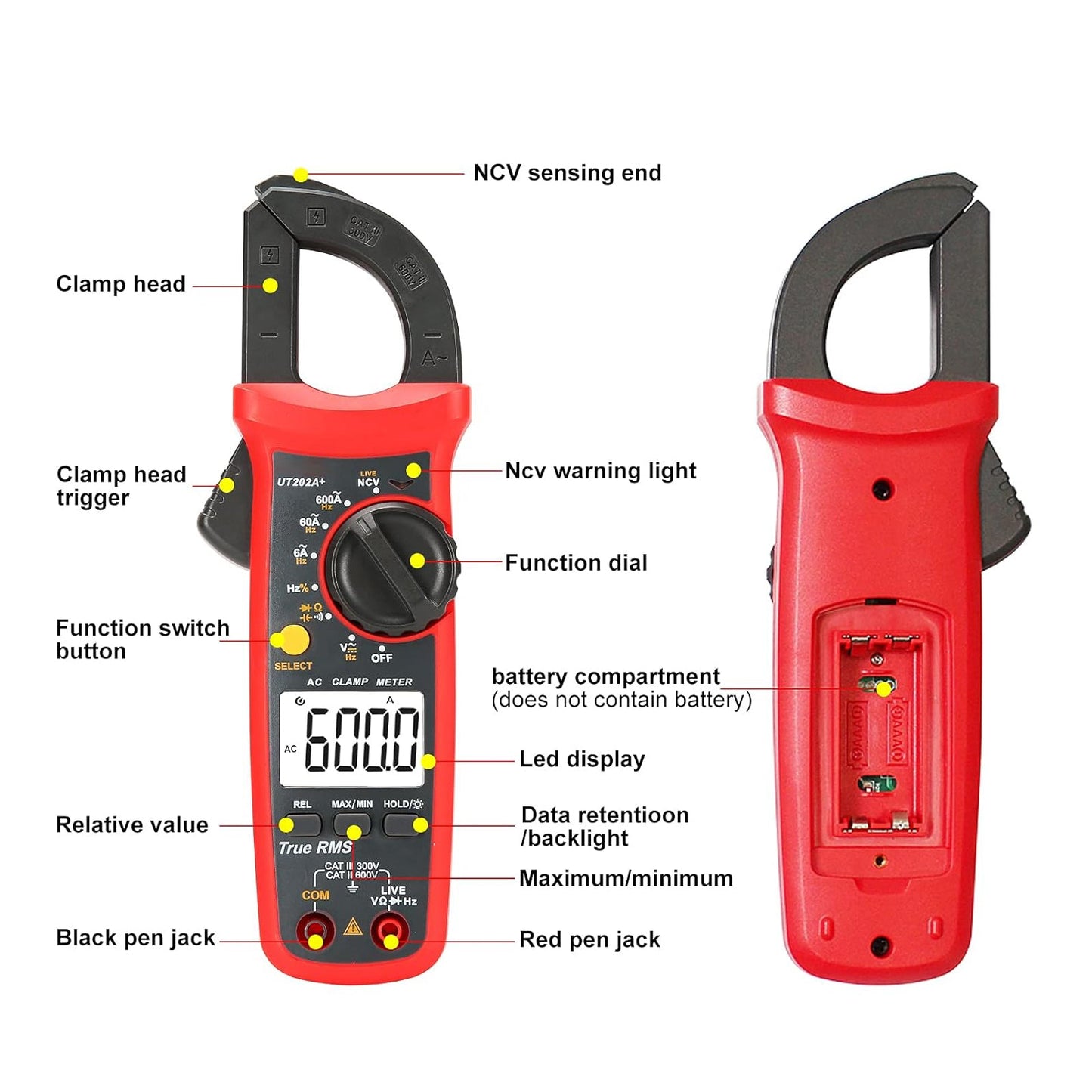 Pinza amperometrica digitale UT202A+, 6000 conteggi, selezione automatica della portata, True RMS, multimetro NCV.