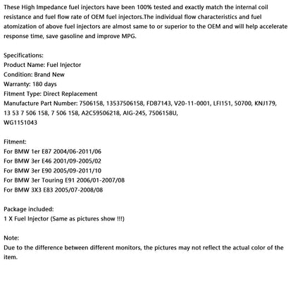 1 iniettore di carburante 13537506158 adatto per BMW 116i 120i 316i 318i 320i X3 Z4 7506158