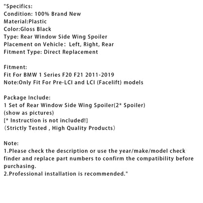Spoiler laterali per lunotto posteriore BMW Serie 1 F20 F21, nero lucido, coppia, 2012-2019