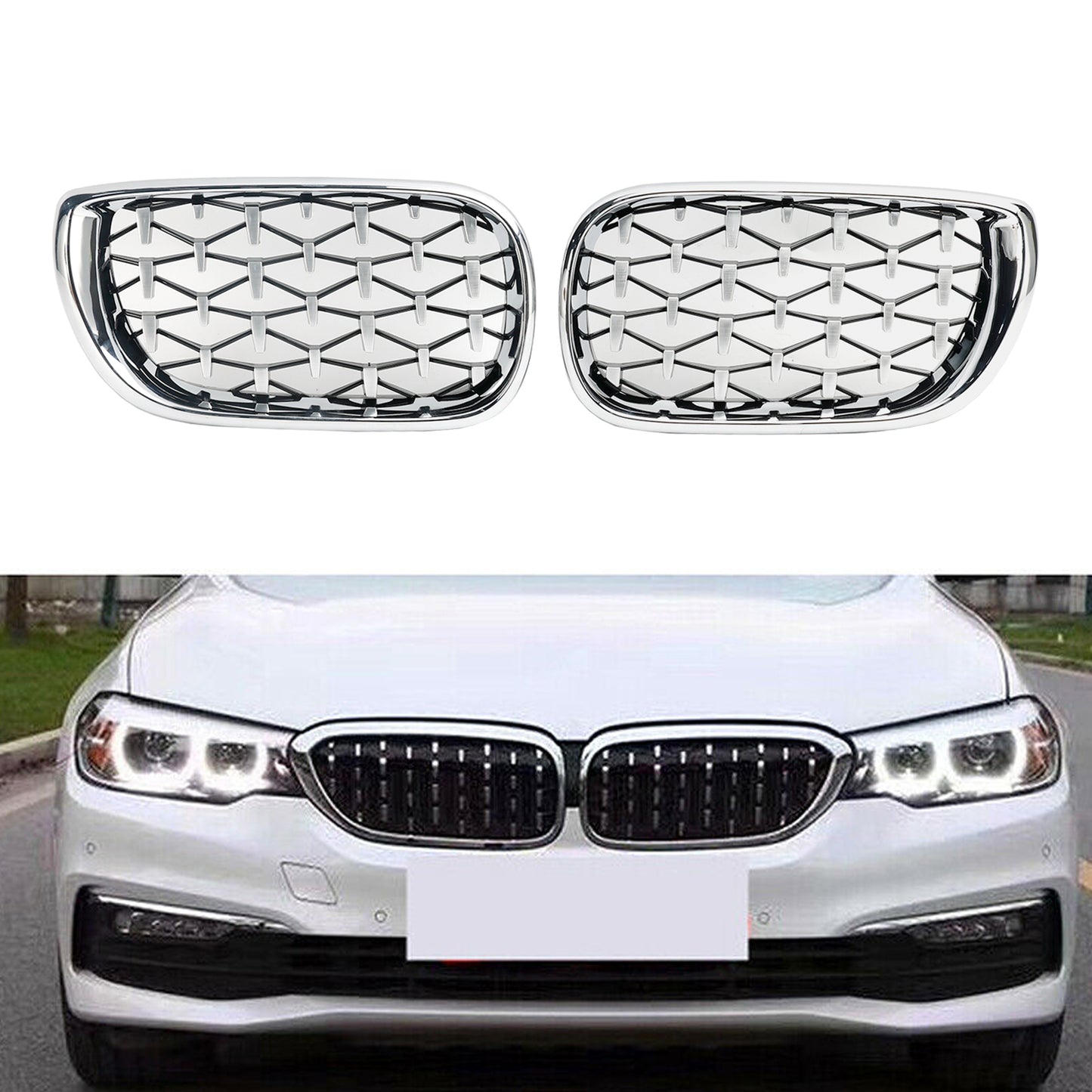 Pair Chrome Diamond Grille For BMW E46 Saloon/Touring Facelift 2002-2005 4Dr
