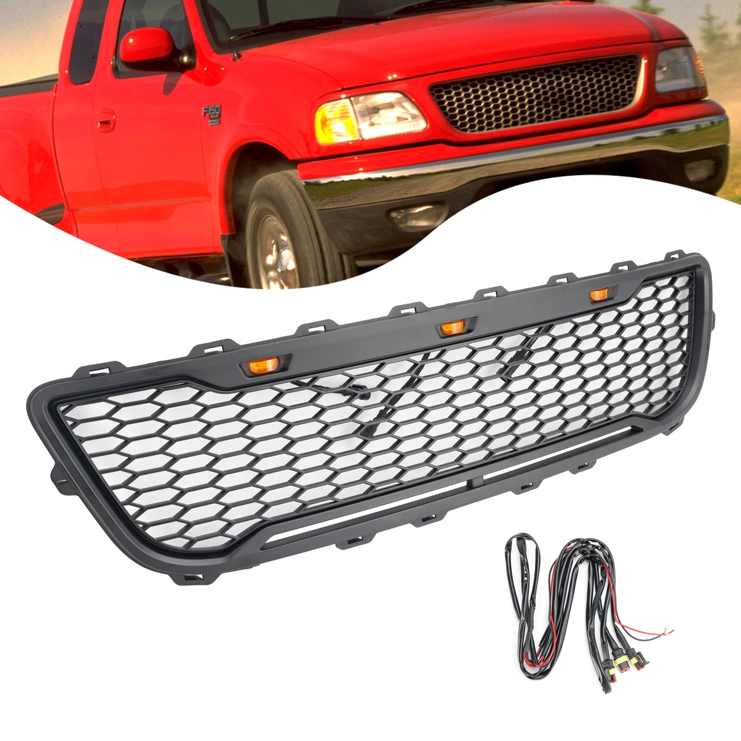 Griglia paraurti anteriore a nido d'ape nera opaca stile Raptor per Ford F150 1999-2003 con LED