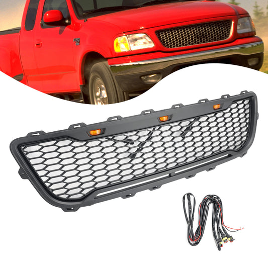 Griglia paraurti anteriore a nido d'ape nera opaca stile Raptor per Ford F150 1999-2003 con LED
