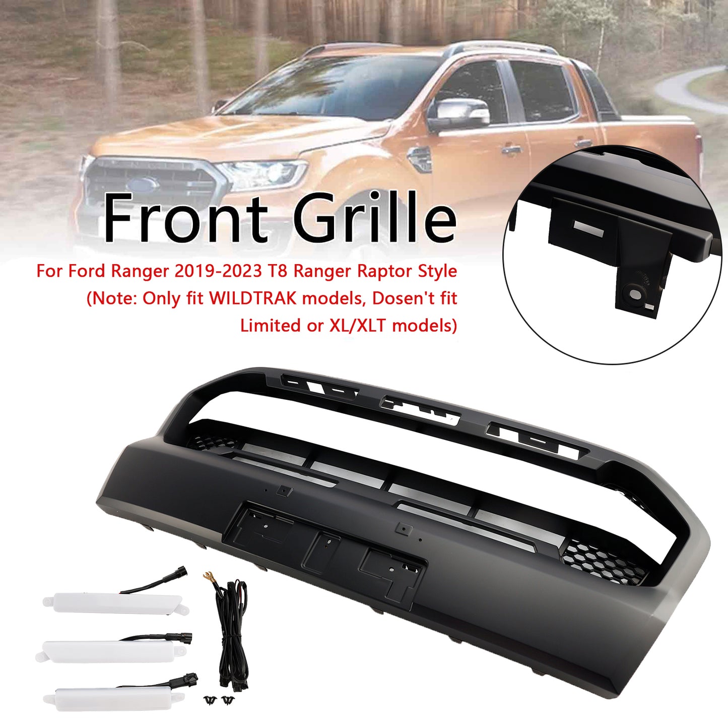 Grill per paraurti anteriore in stile Raptor per Ford Ranger 2019-2023 T8 W/LED