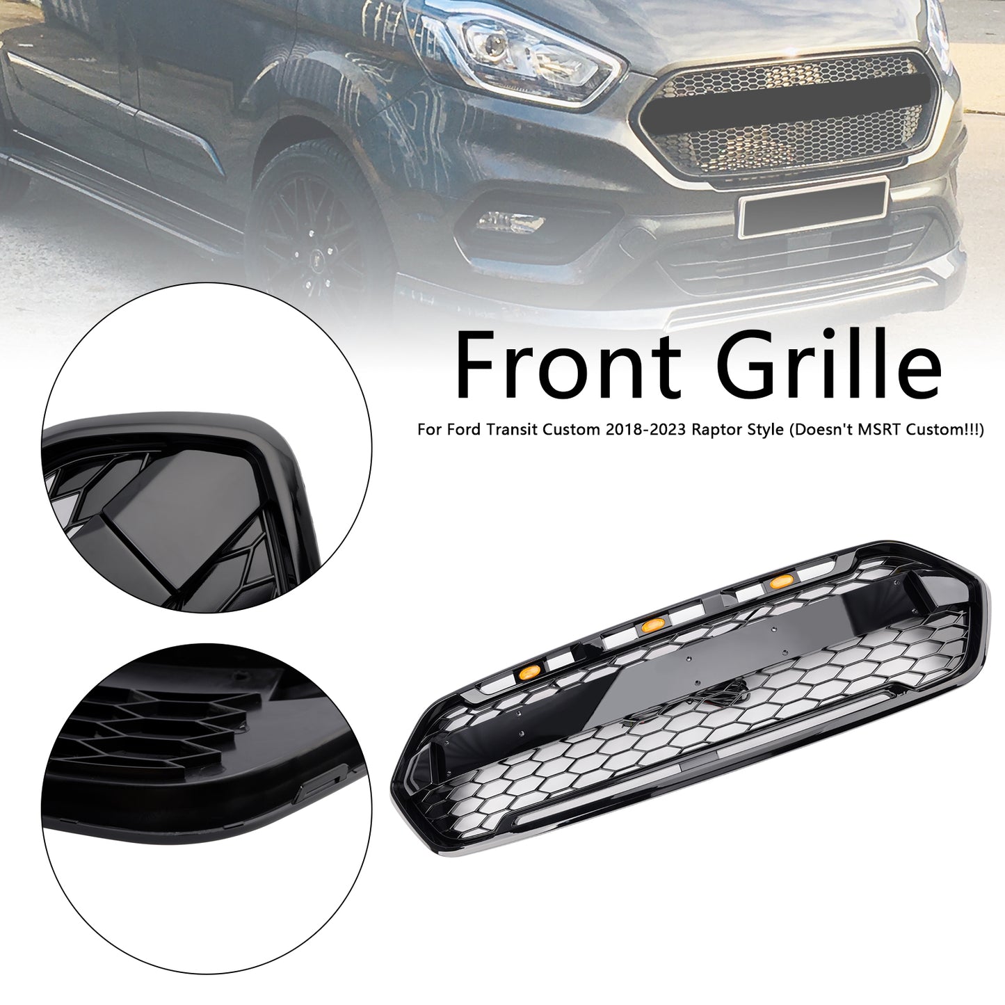 Griglia del paraurti anteriore nero lucido per Ford Transit personalizzato Trail 2018-2023 con 3LED
