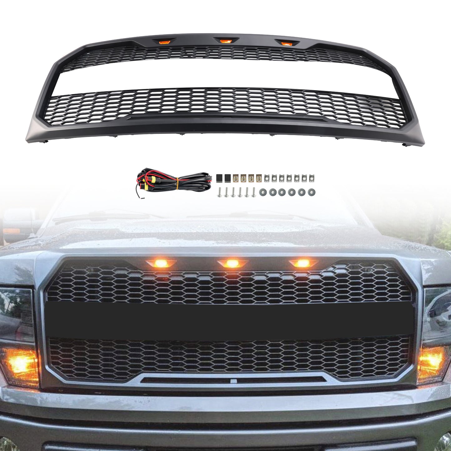 Grill per paraurti anteriore in stile Raptor con LED per Ford F150 2009-2014 Nero