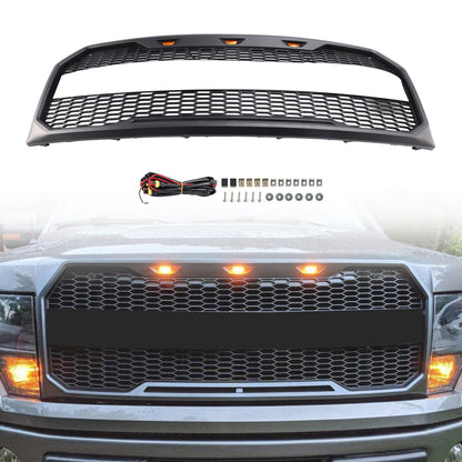 Grill per paraurti anteriore in stile Raptor con LED per Ford F150 2009-2014 Nero