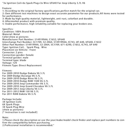 2009-2010 Dodge RAM 1500 V6 3.7L 3x Bobina di accensione+6x Candela+3x Cavo UF640