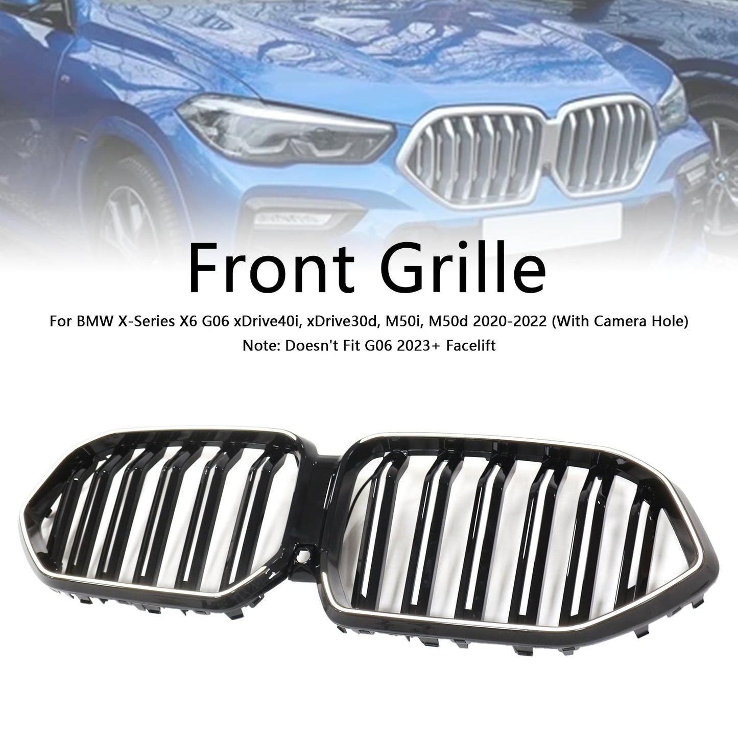 2020-2022 BMW X6 G06 M50i con foro per telecamera, griglia paraurti anteriore nera lucida