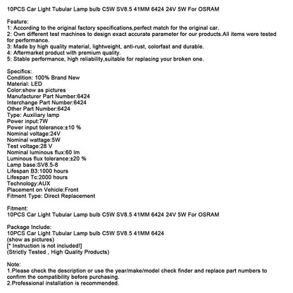 10 lampadine tubolari per auto C5W SV8.5 41MM 6424 24V 5W per OSRAM