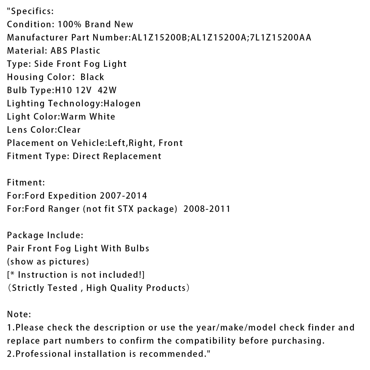 Coppia di fari fendinebbia anteriori con lampadine per Ford Expedition 2007-2014, lenti trasparenti