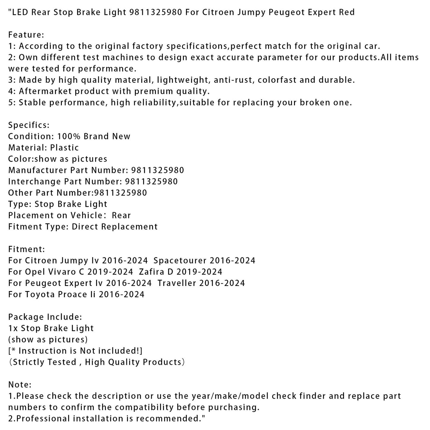 Luce di stop posteriore a LED 9811325980 per Citroen Jumpy Peugeot Expert rossa
