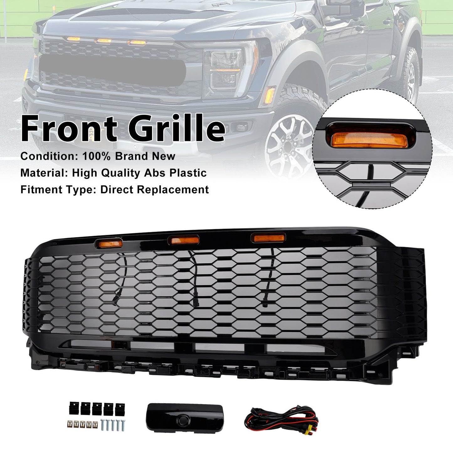 Griglia paraurti anteriore di ricambio in ABS con LED per Ford F150 Raptor 2021-2023