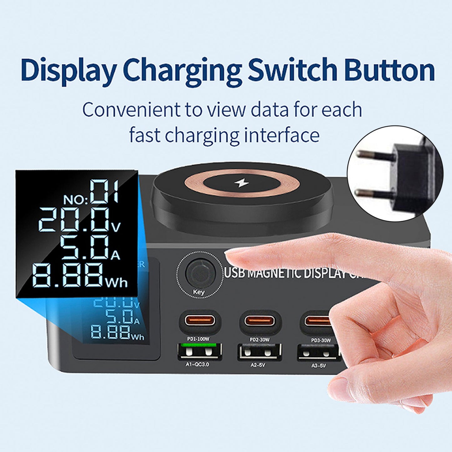 Caricabatterie rapido da 140 W con display digitale intelligente PD100W per telefoni cellulari e notebook, caricabatterie multiporta USB magnetico con ricarica wireless, spina UE