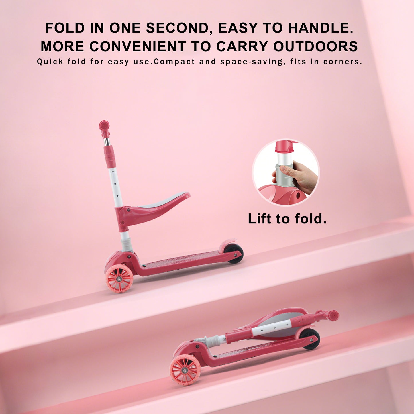 2-in-1 bambini scooter pieghevole seduta luce 3 ruote regolabile pieghevole barra blu/rosa