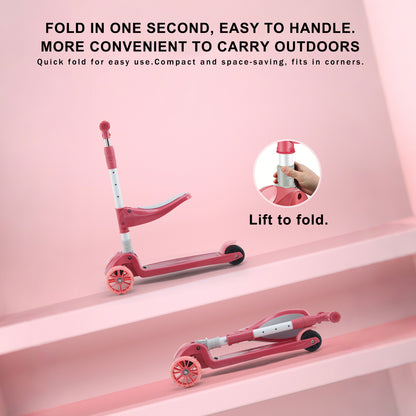 2-in-1 bambini scooter pieghevole seduta luce 3 ruote regolabile pieghevole barra blu/rosa