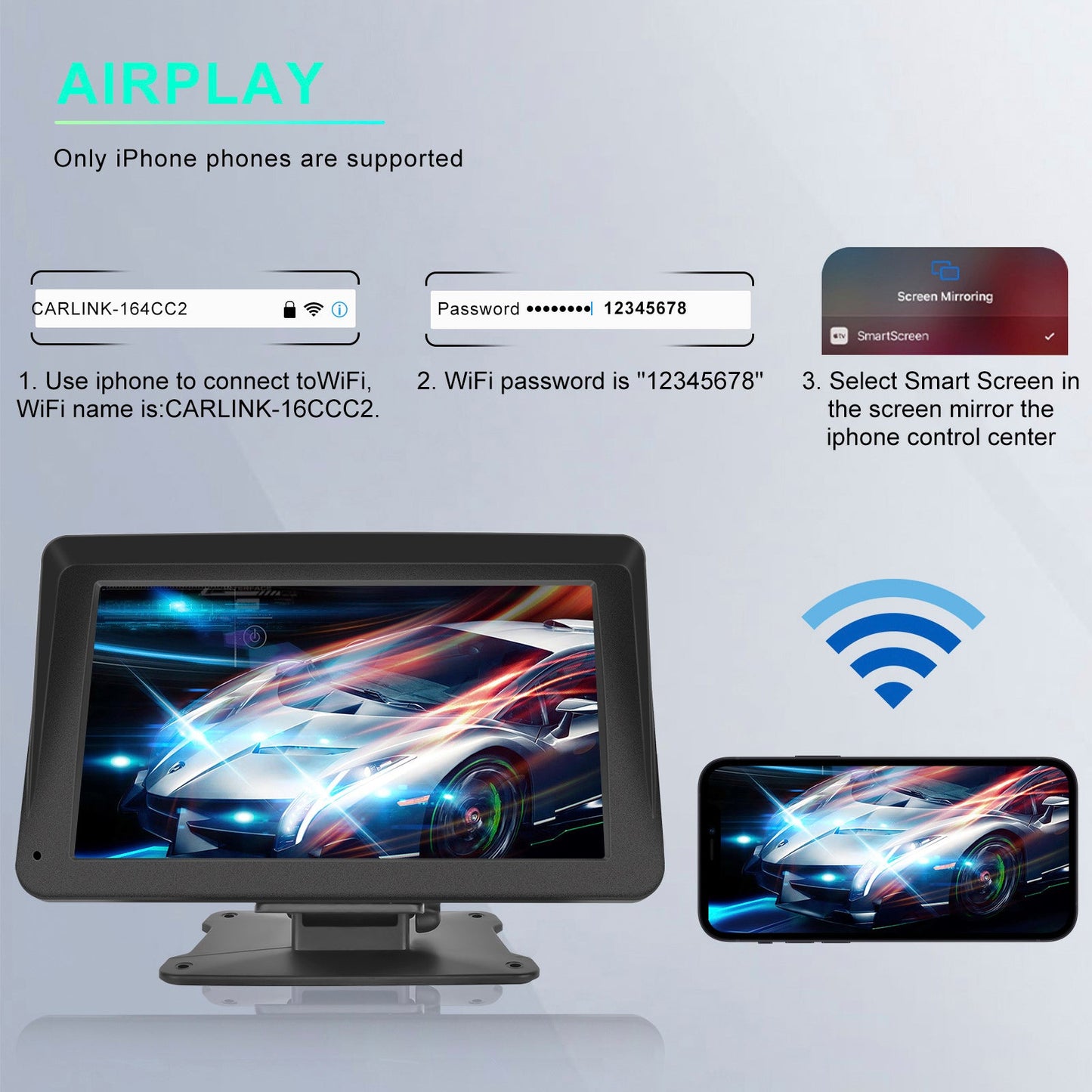 Lettore multifunzione CarPlay da 7 pollici, Apple AirPlay, Android, telecamera di proiezione