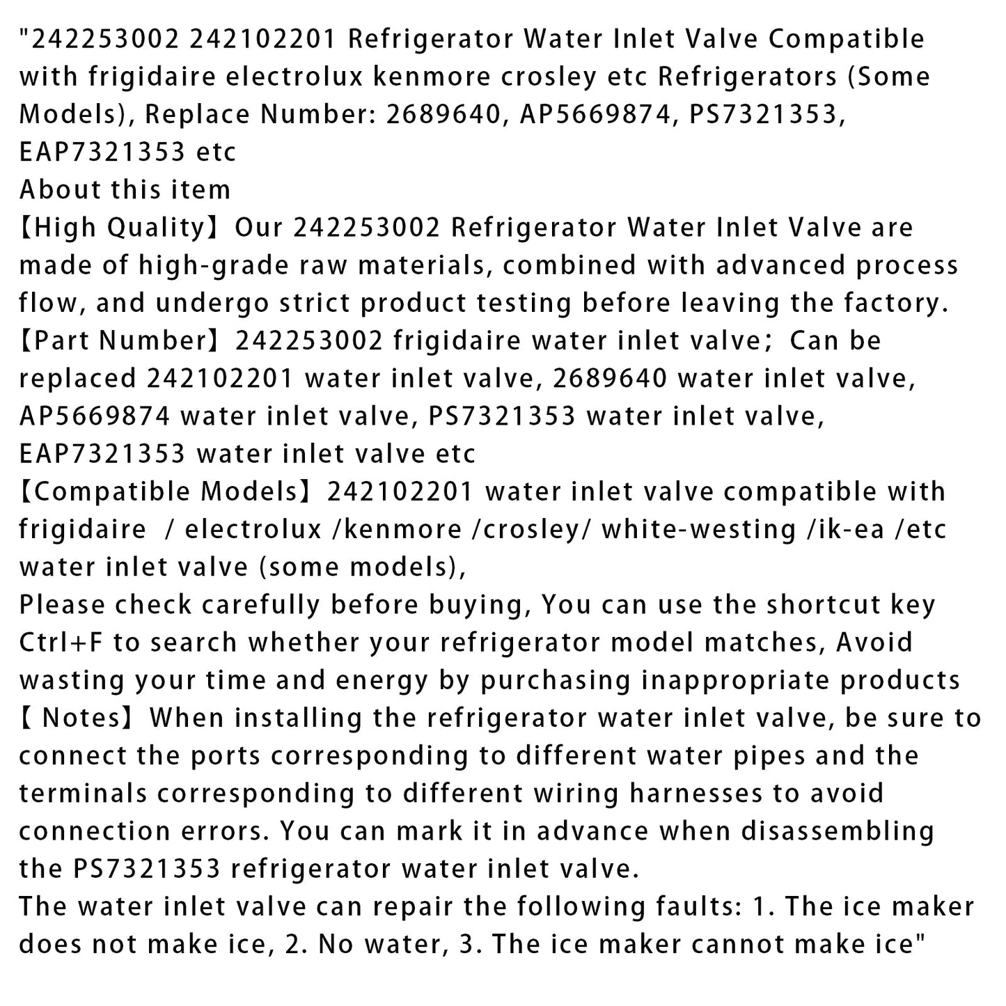 242253002 Valvola di ingresso dell'acqua per fabbricatore di ghiaccio per frigorifero Frigidaire/Electrolux