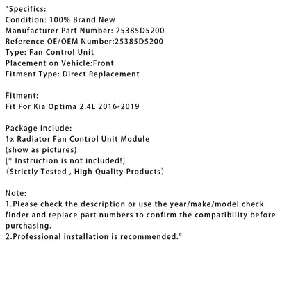 Modulo di controllo della ventola del radiatore Kia Optima 2.4L 2016-2019 25385D5200