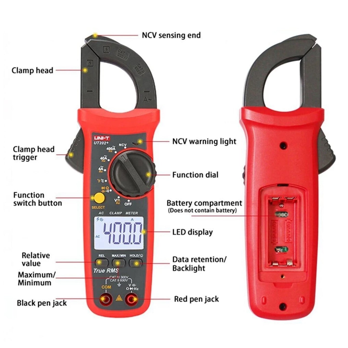 Multimetro portatile UT202+ con selezione automatica della portata, misuratore True RMS a pinza e display LCD.