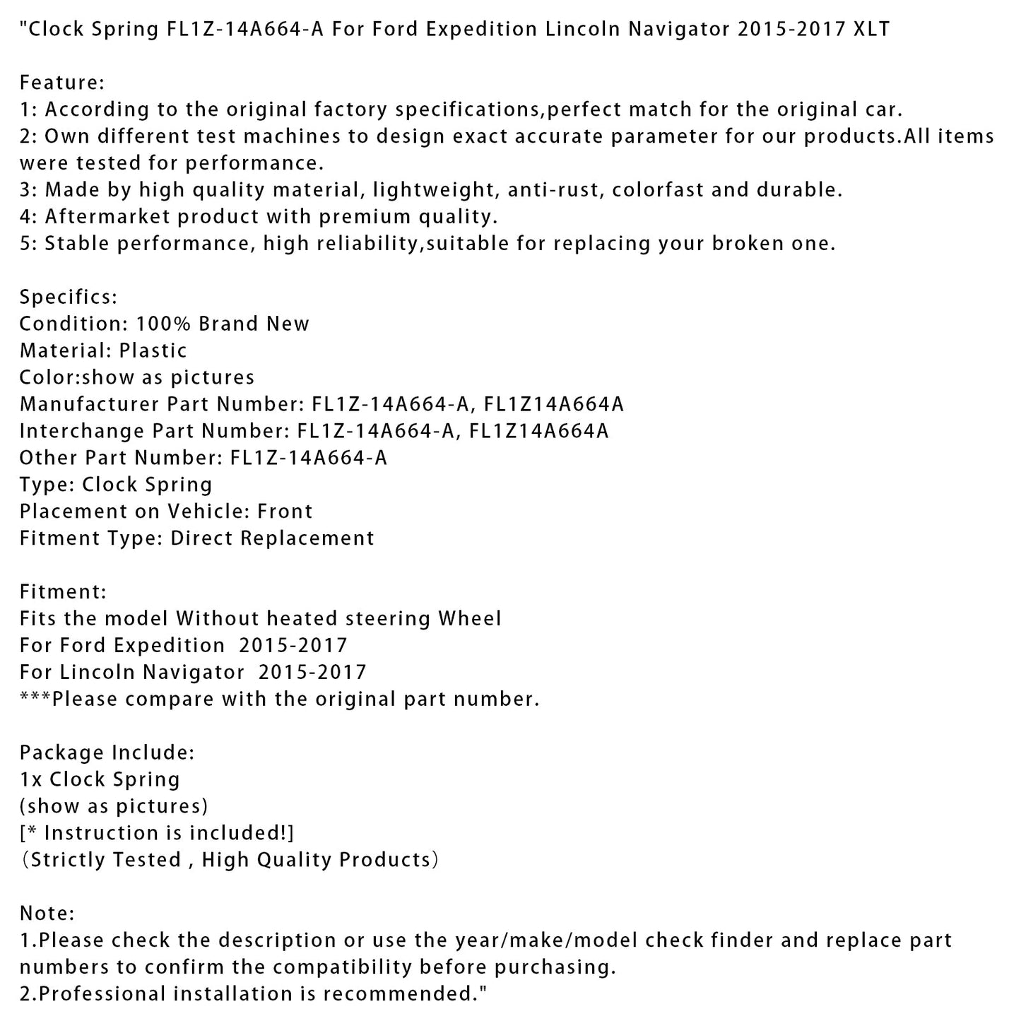 Ford Expedition Lincoln Navigator XLT 2015-2017 molla a spirale FL1Z-14A664-A