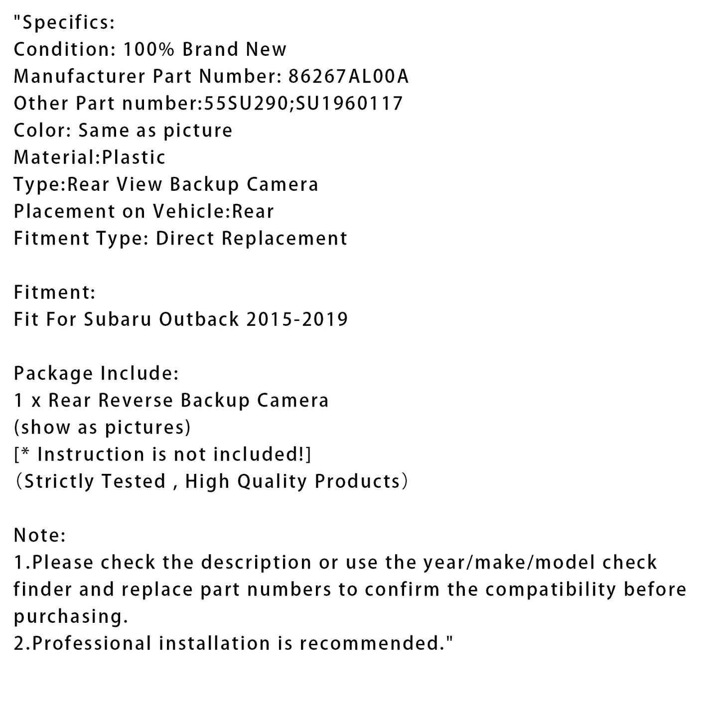 Telecamera di retromarcia posteriore per Subaru Outback 2015-2019 con assistenza al parcheggio 86267AL00A